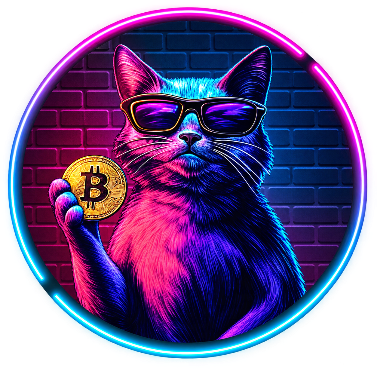 Identidad de ARSAC: un gato de neón con gafas y una moneda de bitcoin